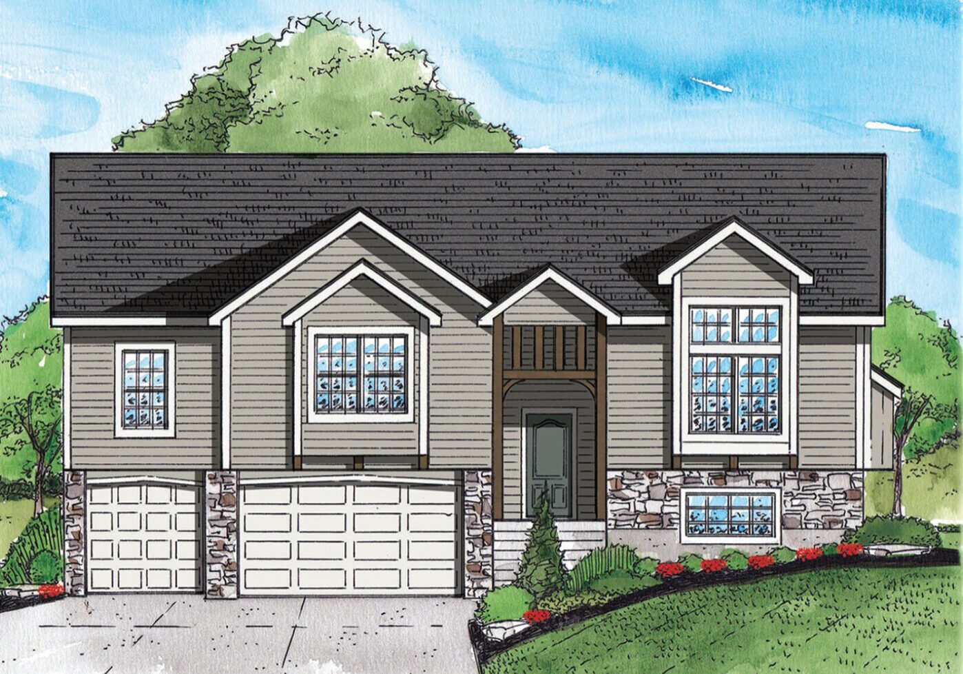 A drawing of a house with a garage door.