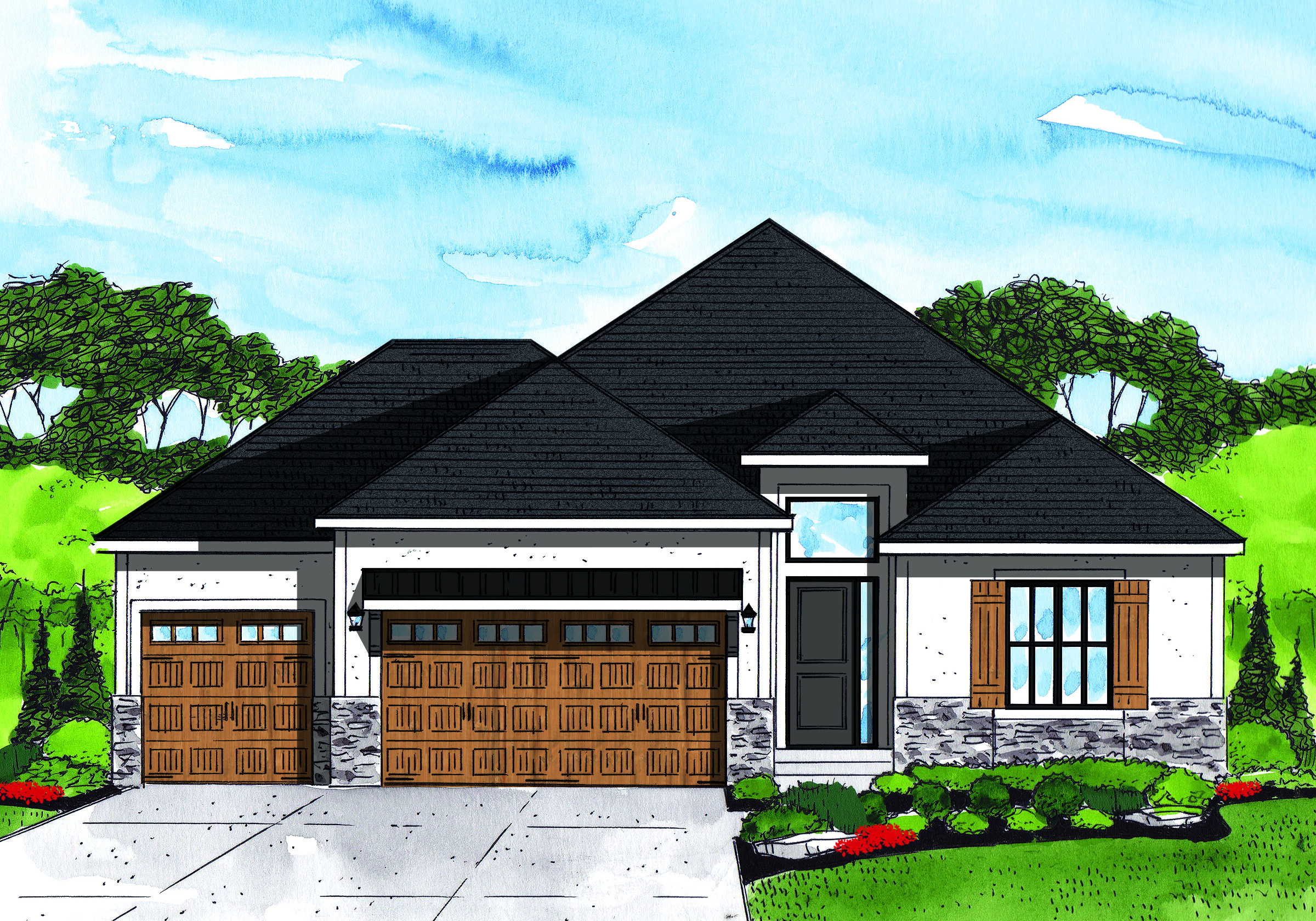 A drawing of a house with two garage doors.
