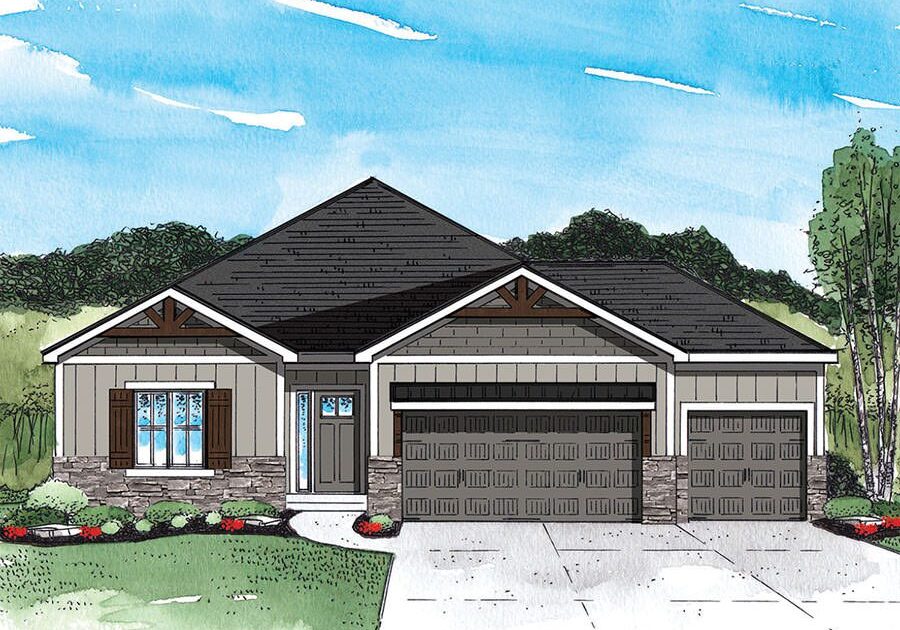 A drawing of a house with two garage doors.
