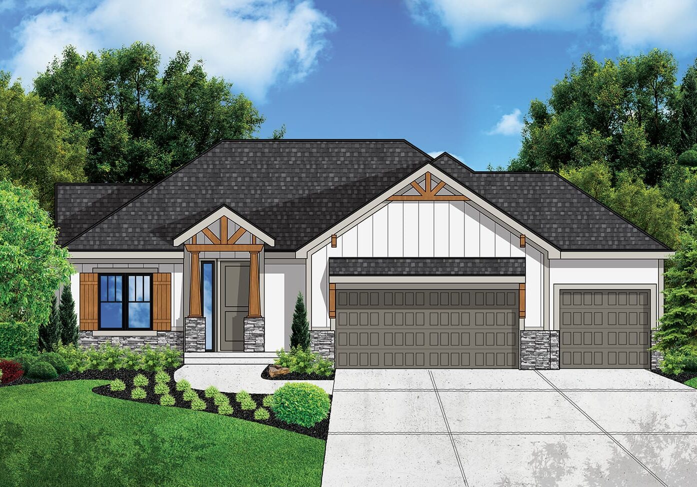 Modern suburban house with three-car garage.