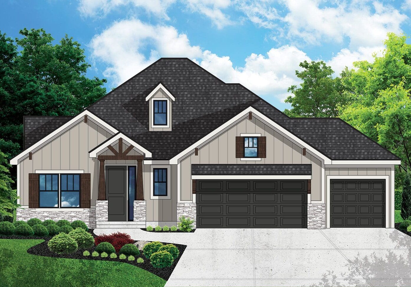 A house with a black roof and a black garage door.