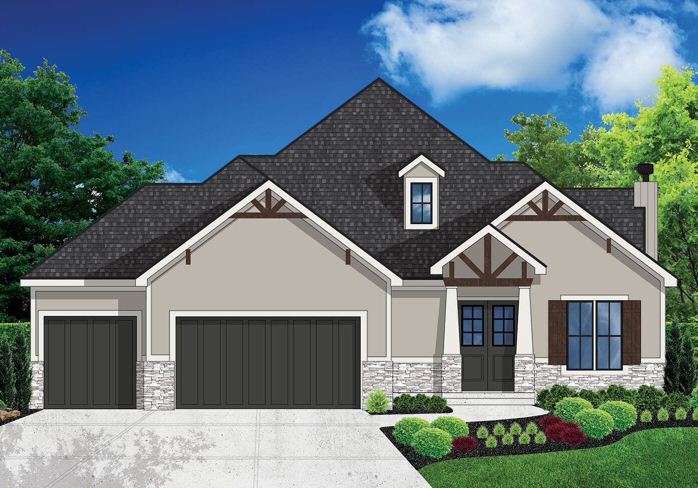 Modern suburban house with landscaped front yard.