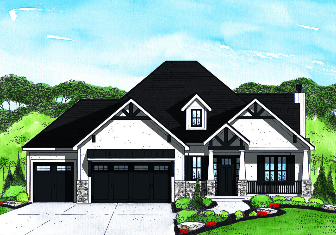 A drawing of a house with black trim and white stone accents.
