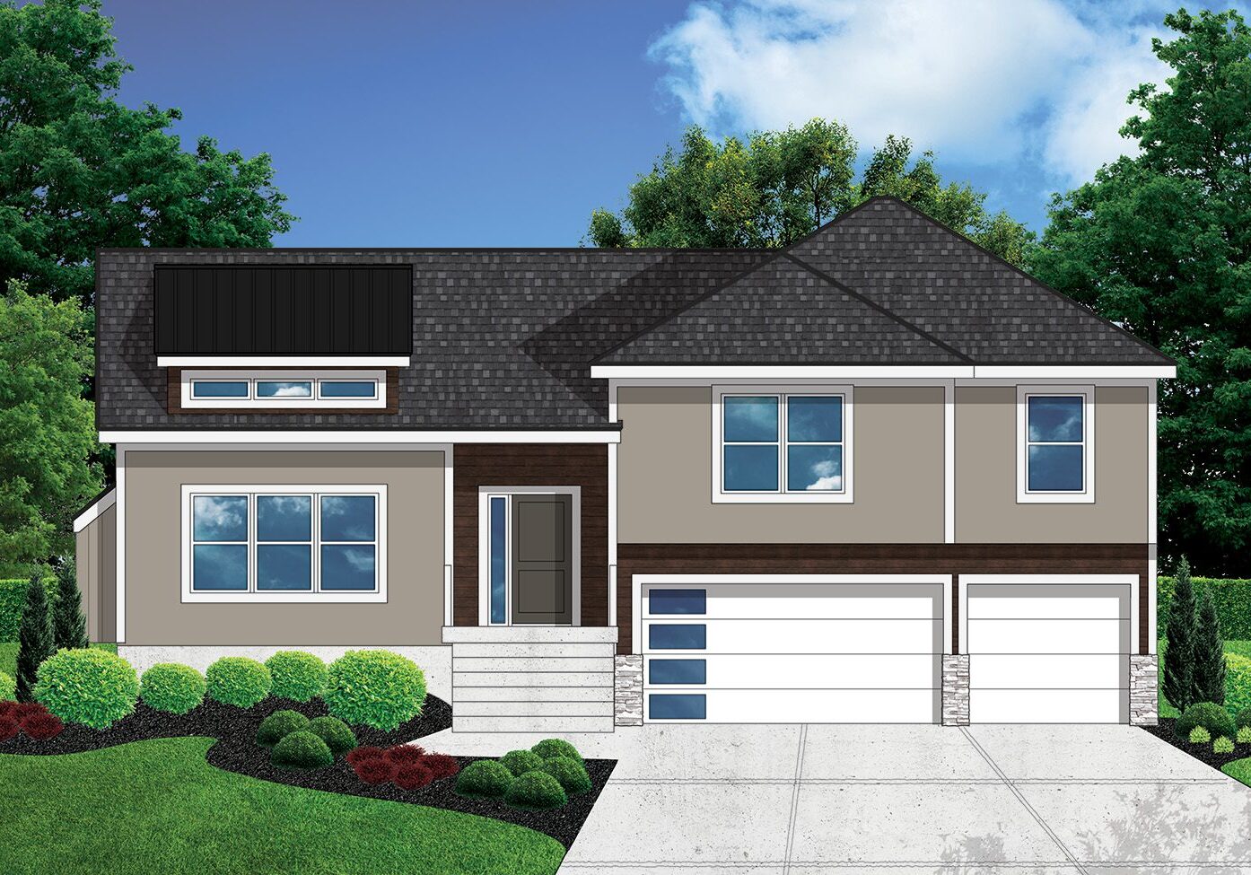 A modern house with a black roof and white garage doors.