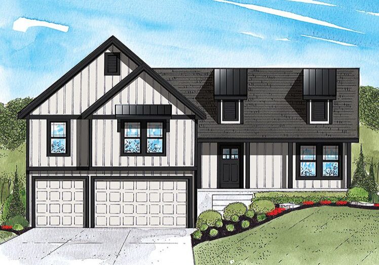 A drawing of a house with a garage door.